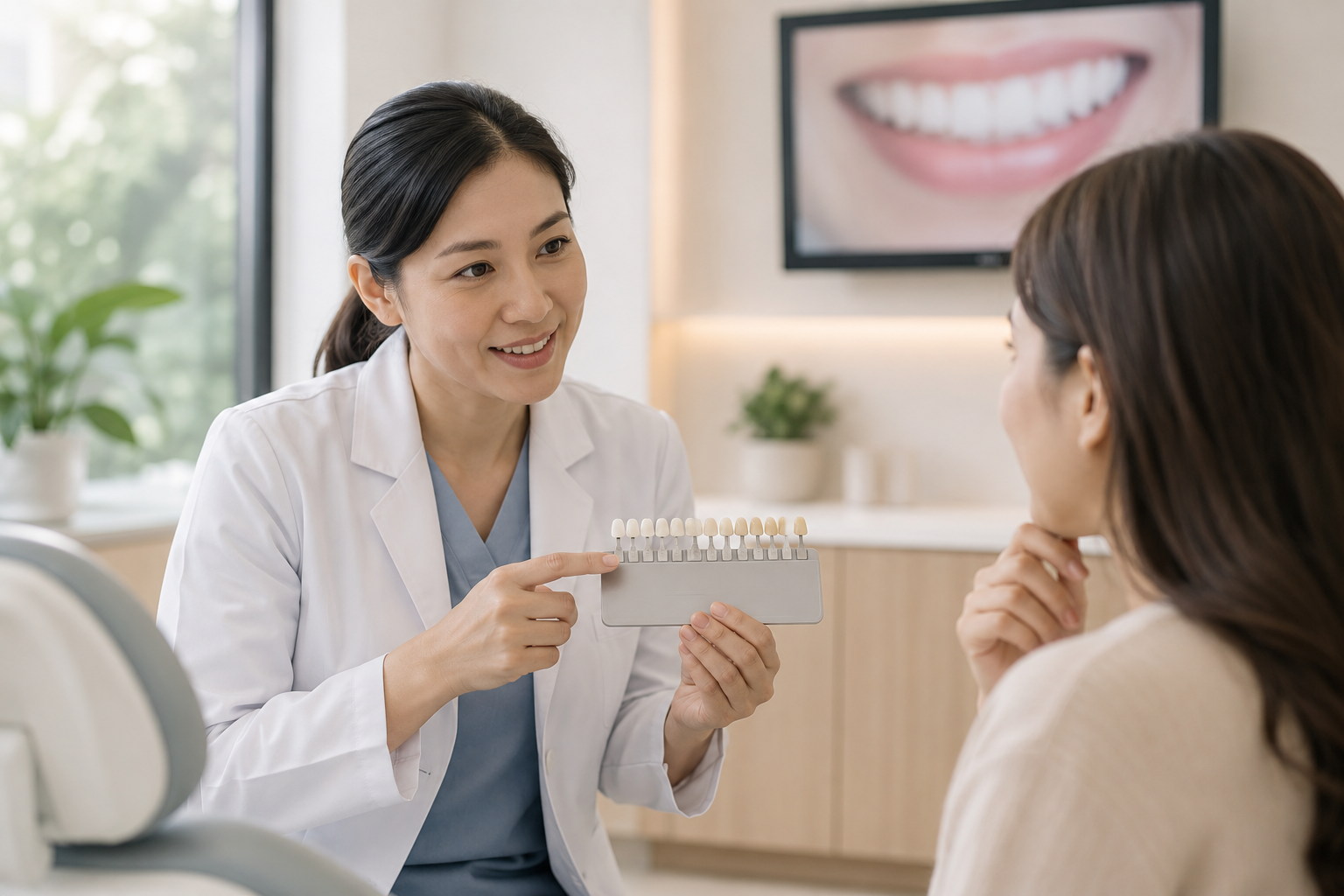 Dentist explaining professional tooth whitening options to an adult patient using a tooth shade guide during a consultation.