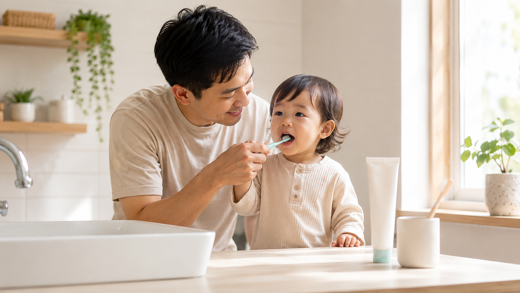 Seorang ayah membantu balitanya menyikat gigi di kamar mandi yang terang dan minimalis.