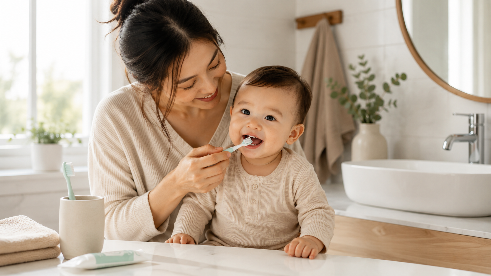 Orang tua membantu bayi menyikat gigi pertamanya di kamar mandi.