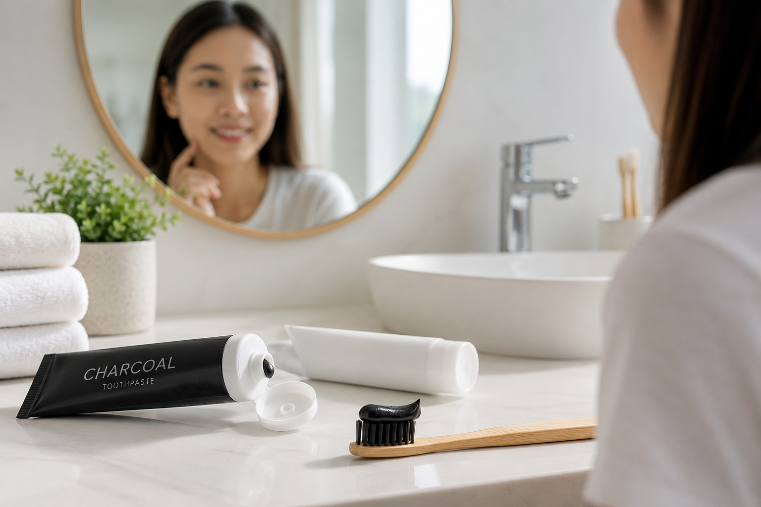 An adult comparing charcoal toothpaste with regular toothpaste in a bright modern bathroom.