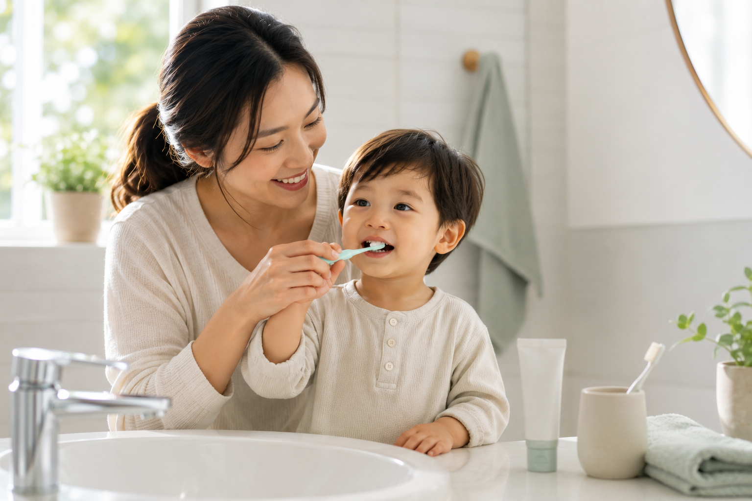 Orang tua membantu balita menyikat gigi menggunakan pasta gigi di kamar mandi modern yang terang.