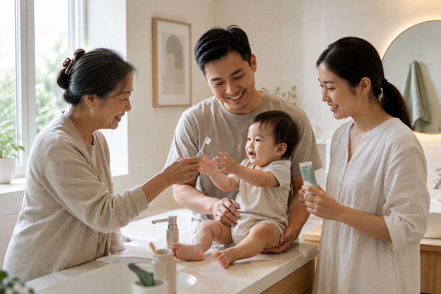 Ayah, ibu, dan bayi sedang menjalani rutinitas menyikat gigi pagi bersama di kamar mandi bergaya Skandinavia dengan sikat gigi anak dan pasta gigi tanpa merek.