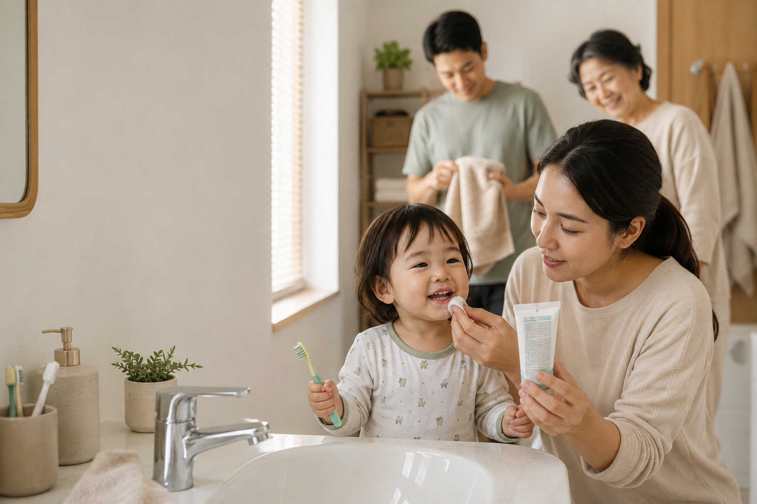 Seorang ibu membaca daftar bahan pada kemasan pasta gigi anak sambil mendampingi balitanya di kamar mandi yang terang, menggambarkan pengambilan keputusan berbasis informasi dalam rutinitas kesehatan keluarga.