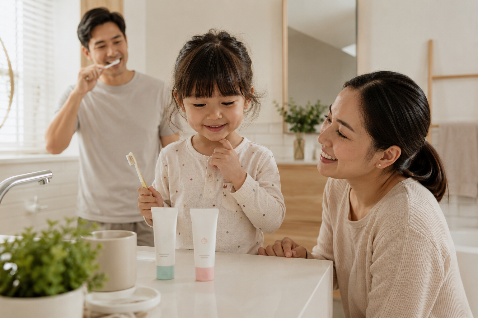 Orang tua membandingkan dua pasta gigi anak tanpa merek sambil berdiskusi di meja makan, sementara balita memegang sikat gigi, menggambarkan pengambilan keputusan keluarga berdasarkan kebutuhan anak.