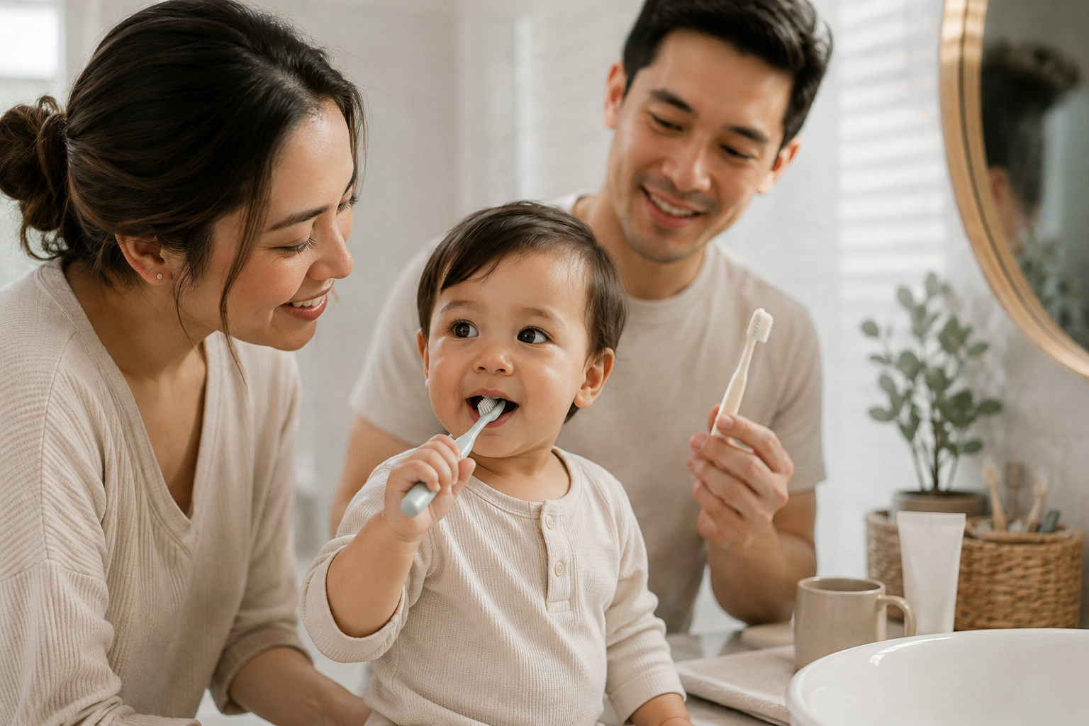 Seorang balita memegang sikat gigi anak tanpa merek sambil mengeksplorasinya dengan rasa ingin tahu, sementara ibu mengamati dengan tenang dan ayah membandingkan ukuran sikat lain di kamar mandi bergaya Skandinavia.