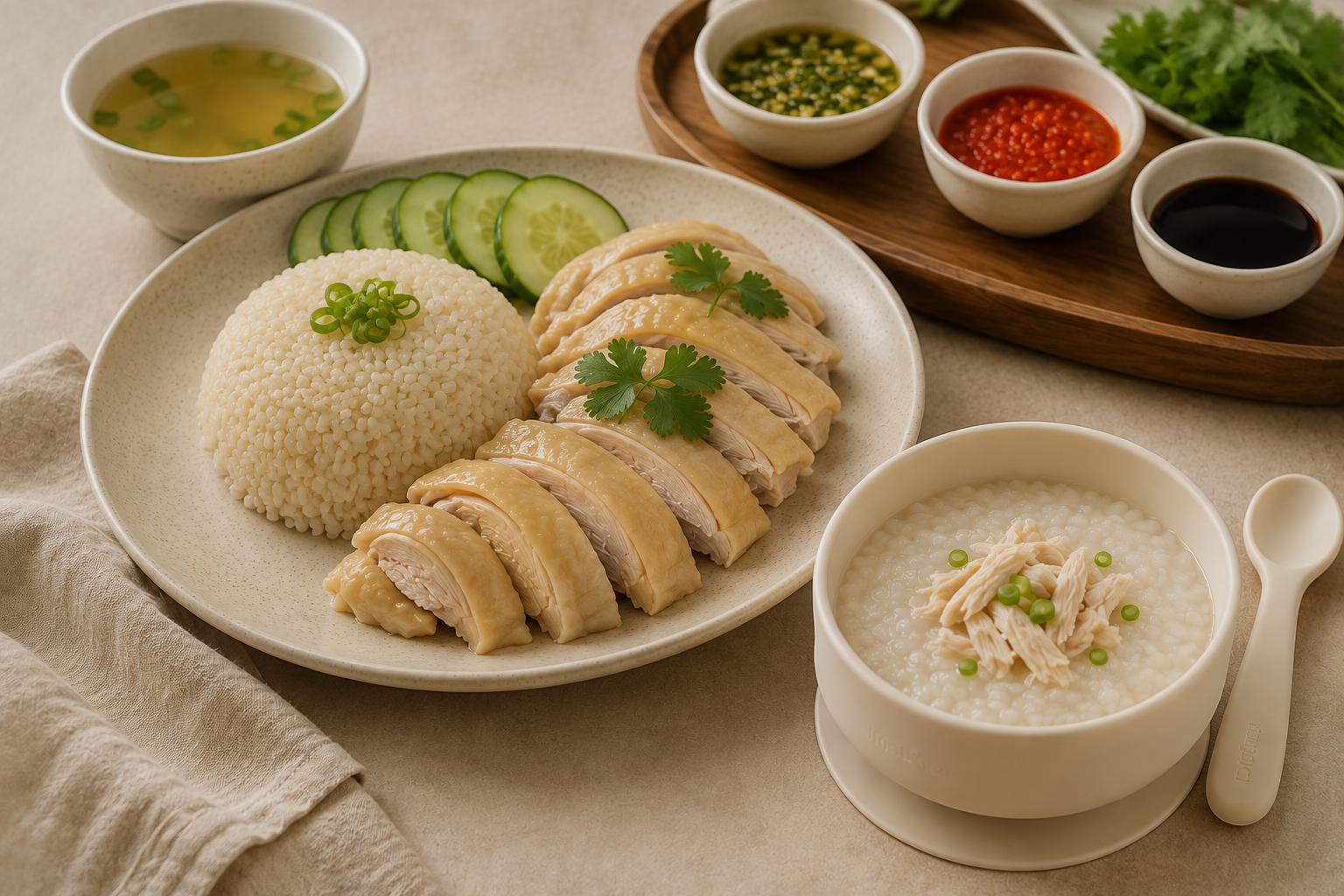Nasi Ayam Hainan untuk keluarga dengan Nasi Tim Ayam Hainan sebagai porsi anak
