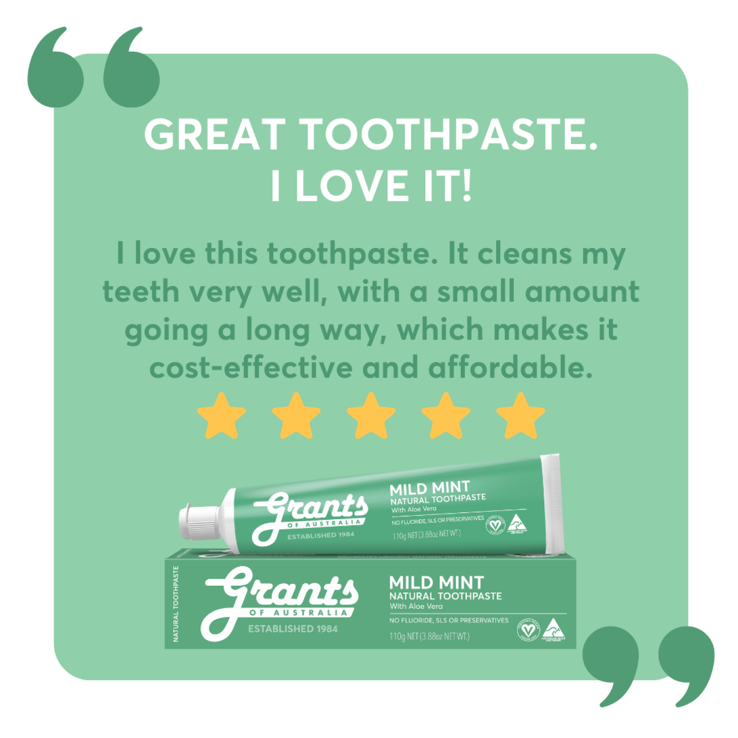 Grants Natural Toothpaste MILD MINT (Fluoride Free) 110g